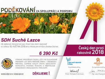 SDH Suché Lazce obdrželo poděkování za spolupráci v Českém dni proti rakovině 2018