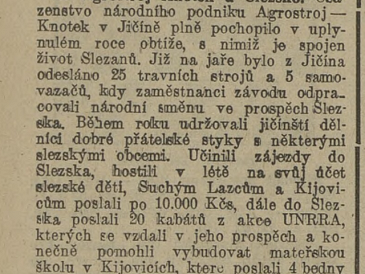 Agrostroj Knotek pomáhá Slezsku, Suchým Lazcům a Kyjovicím poslali po 10.000 Kčs