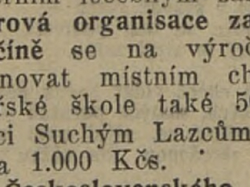 Odborová organisace ČSD v Jičíně darovala S. Lazcům 1000 Kčs