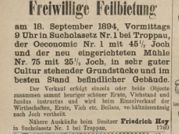 Inzerát na prodej mlýna č. 75 od Friedricha Heye v roce 1894