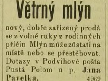 Větrný mlýn prodej Jan Pavelek Podvihov