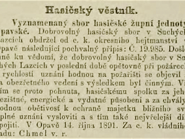 Dobrovolní hasiči v Suchých Lazcich obdržel od c. k. okresniho hejtmanství v Opavé pochvalný připis