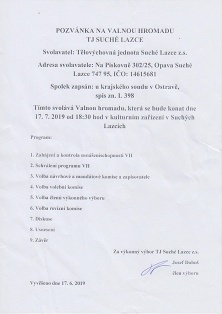 Pozvánka na valnou hromadu TJ Suché Lazce