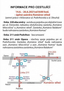 MHD - úplná uzavírka Komárov střed v červnu 2021