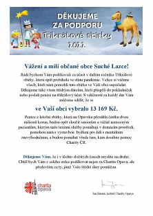 Poděkování Charity Opava obyvatelům S. Lazců za dary do Tříkrálové sbírky 2022