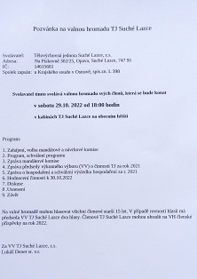 Pozvánka na valnou hromadu TJ Suché Lazce 2022