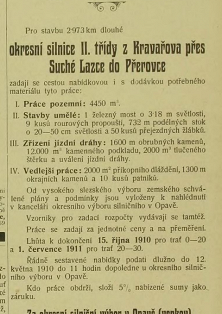 Vypsání stavby pro 2.973 km dlouhou okresní silnici II. třídy z Kravařova přes Suché Lazce do Přerovce