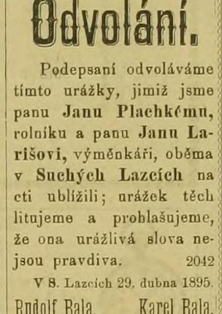 Omluva Rudolfa a Karla Baly panu Janu Plachkému