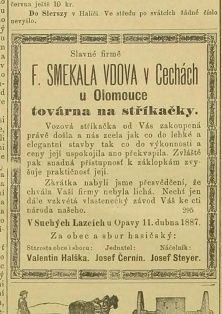 Poděkování sboru hasičů za stříkačku firmě F. SMEKALA 1887